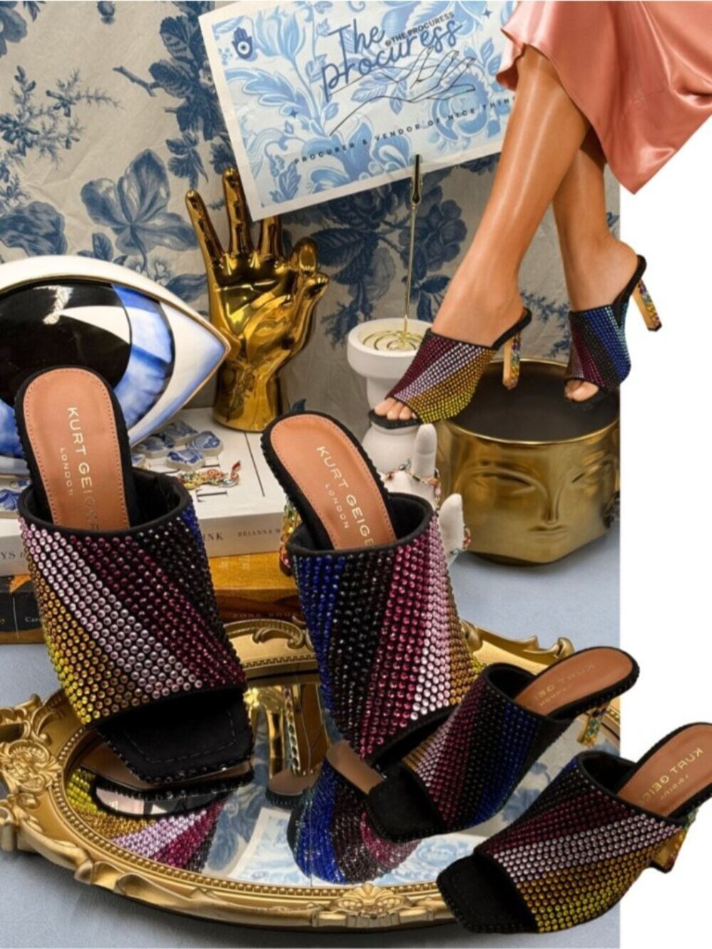 🆕 KURT GEIGER LONDON 🧿 NWOB Mayfair Rainbow Crystal High Mule Heel, Sz 36 US 6